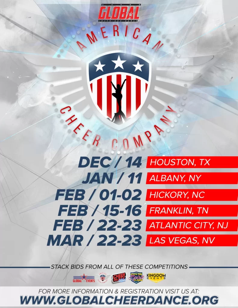 Promotional poster for global American cheer company showcasing a bold logo, with event dates and locations for cheerleading competitions in various U.S. cities, against a dynamic red, white, and blue background.