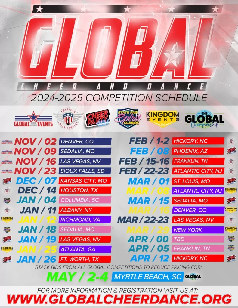 Image showing the 2024-2025 Global Cheer and Dance Competition Schedule with event dates and locations. The background features a dynamic, energetic design. Sponsored by global brands, the schedule spans events from November 2024 to April 2025, culminating in May 2025 in Myrtle Beach, SC.