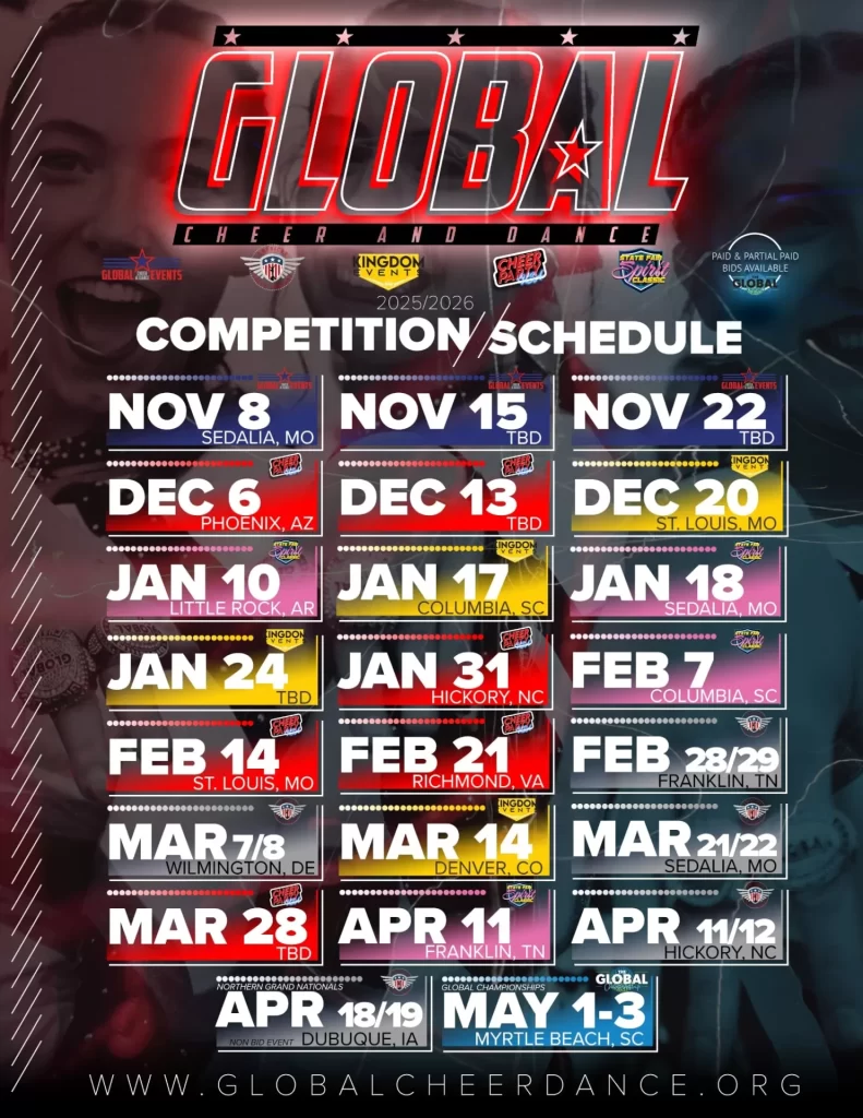 Event schedule poster for Global Cheer & Dance 2025/2026, showing dates and locations for various competitions from November 2025 to April 2026, with colorful boxes and a cheering athlete on the background.