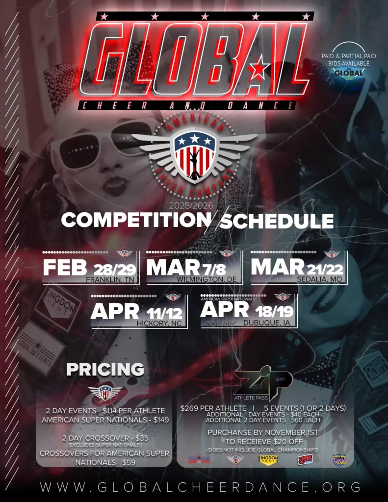 Promotional poster for GLOBAL Cheer and Dance featuring the 2025/2026 competition schedule, event dates, locations, pricing details, and website. Background includes cheering athletes and American-themed graphics.