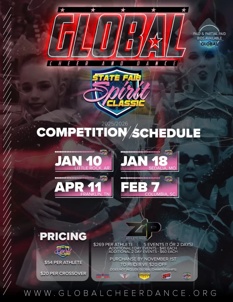 Promotional flyer for the STATE FAIR SPIRIT CLASSIC by Global Cheer and Dance, featuring energetic cheerleaders with event branding overlaid—plus competition dates, locations, and pricing details for the ultimate STATE FAIR cheer celebration!.