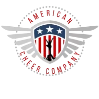 Logo of a home decor company featuring a silhouette of a cheerleader with arms raised, encircled by the company name and U.S. flag motif wings on either side.